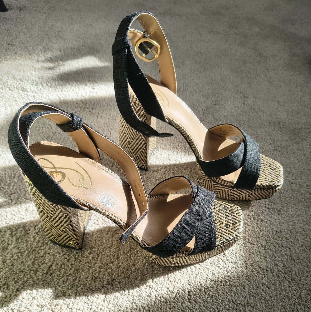 Sam Edelman Nolita Black Linen Platform Heel Sandals 9